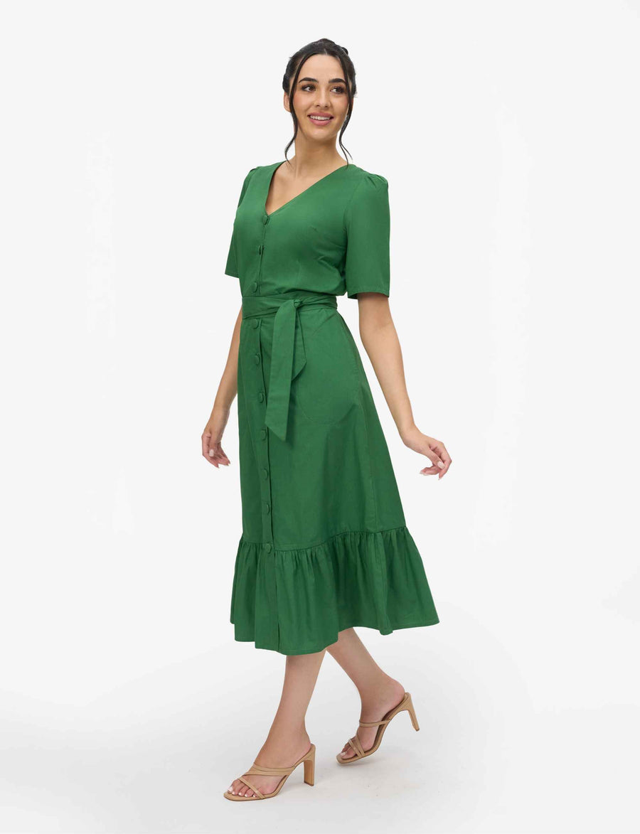Jane 100% Cotton Midi Shirtdress in Green