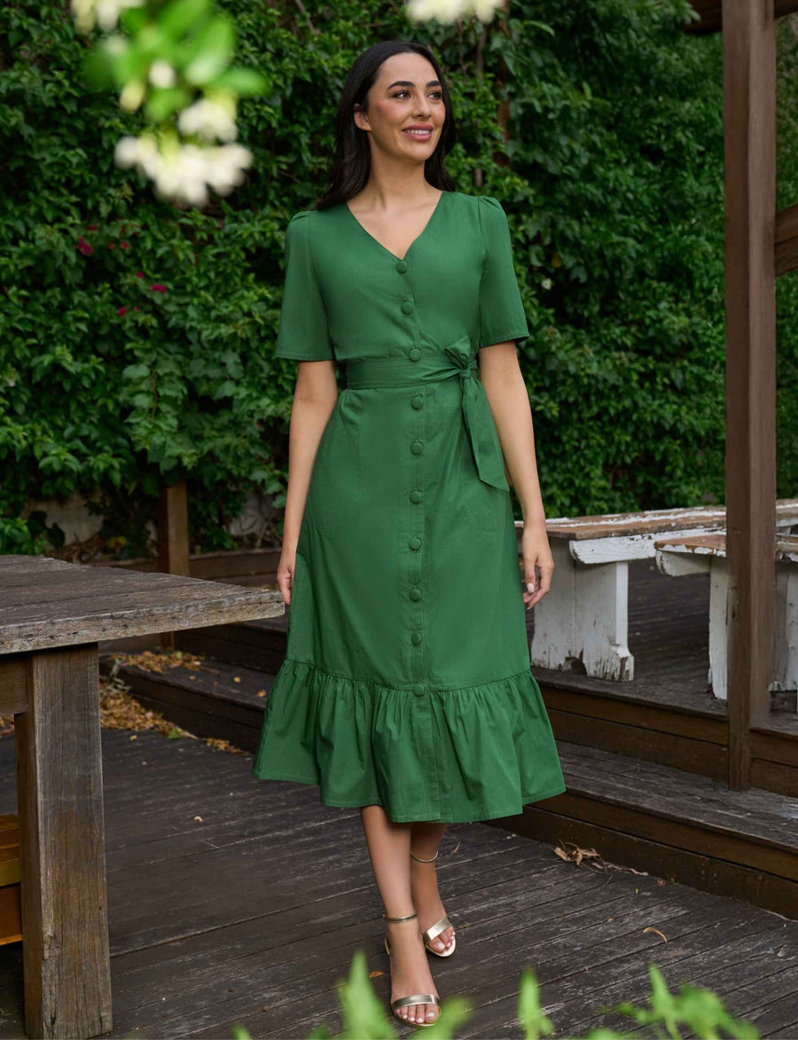 Jane 100% Cotton Midi Shirtdress in Green