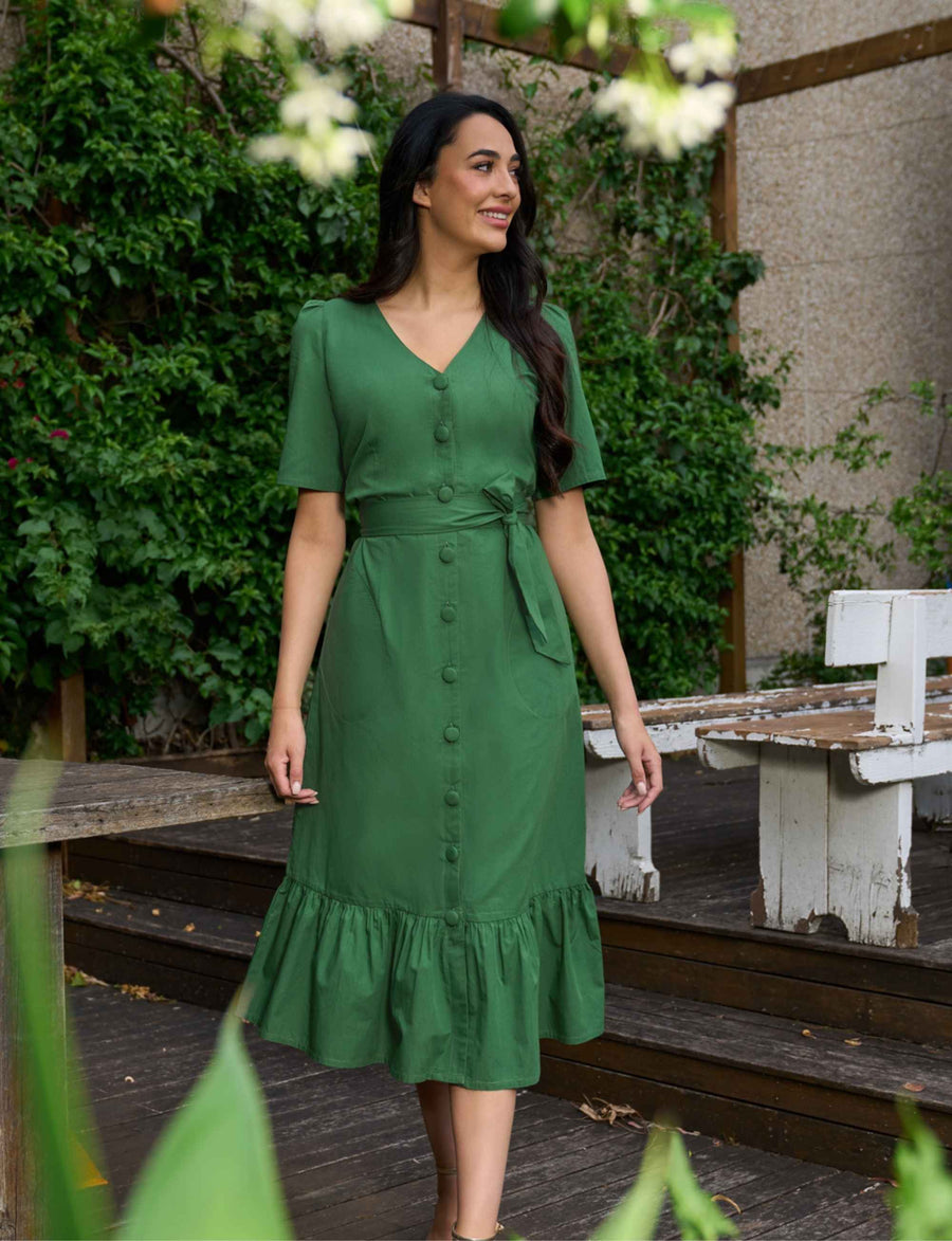 Jane 100% Cotton Midi Shirtdress in Green