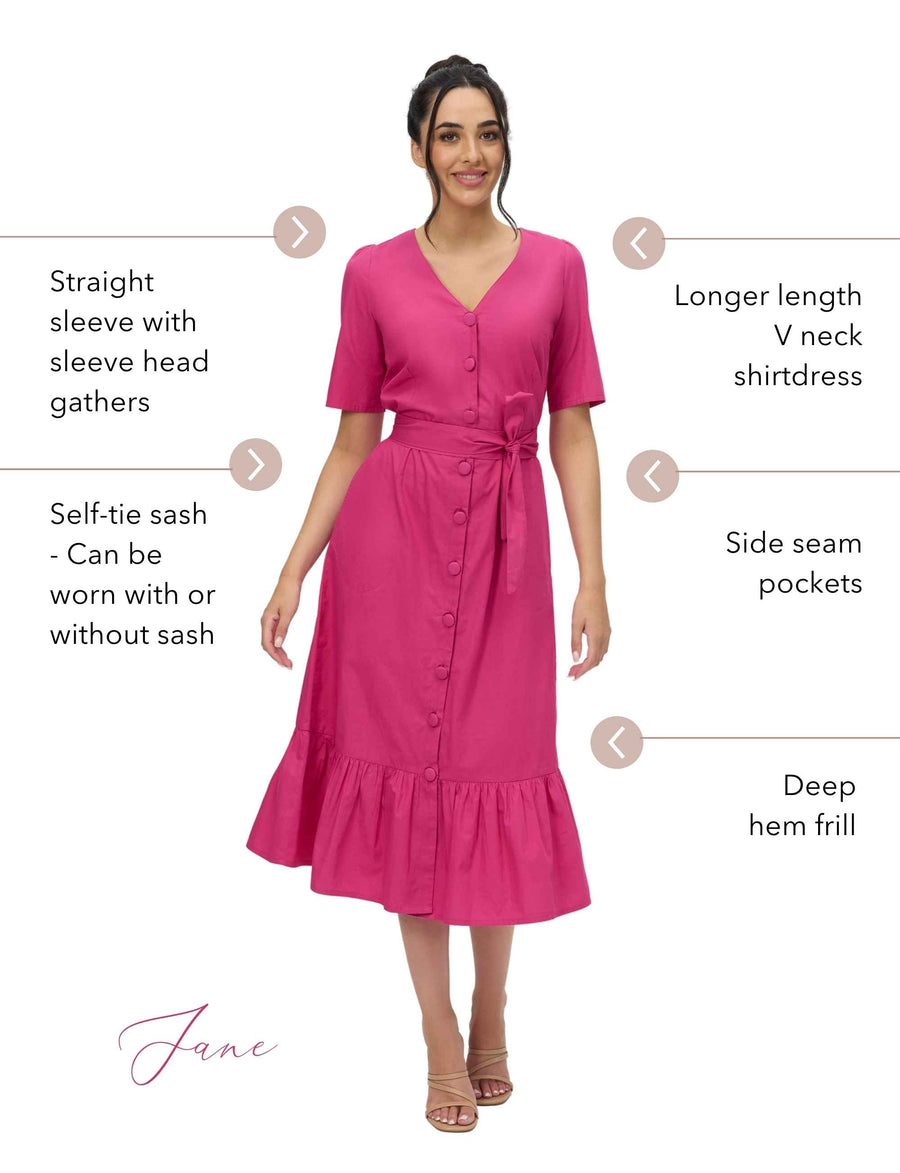 Jane 100% Cotton Midi Shirtdress in Pink