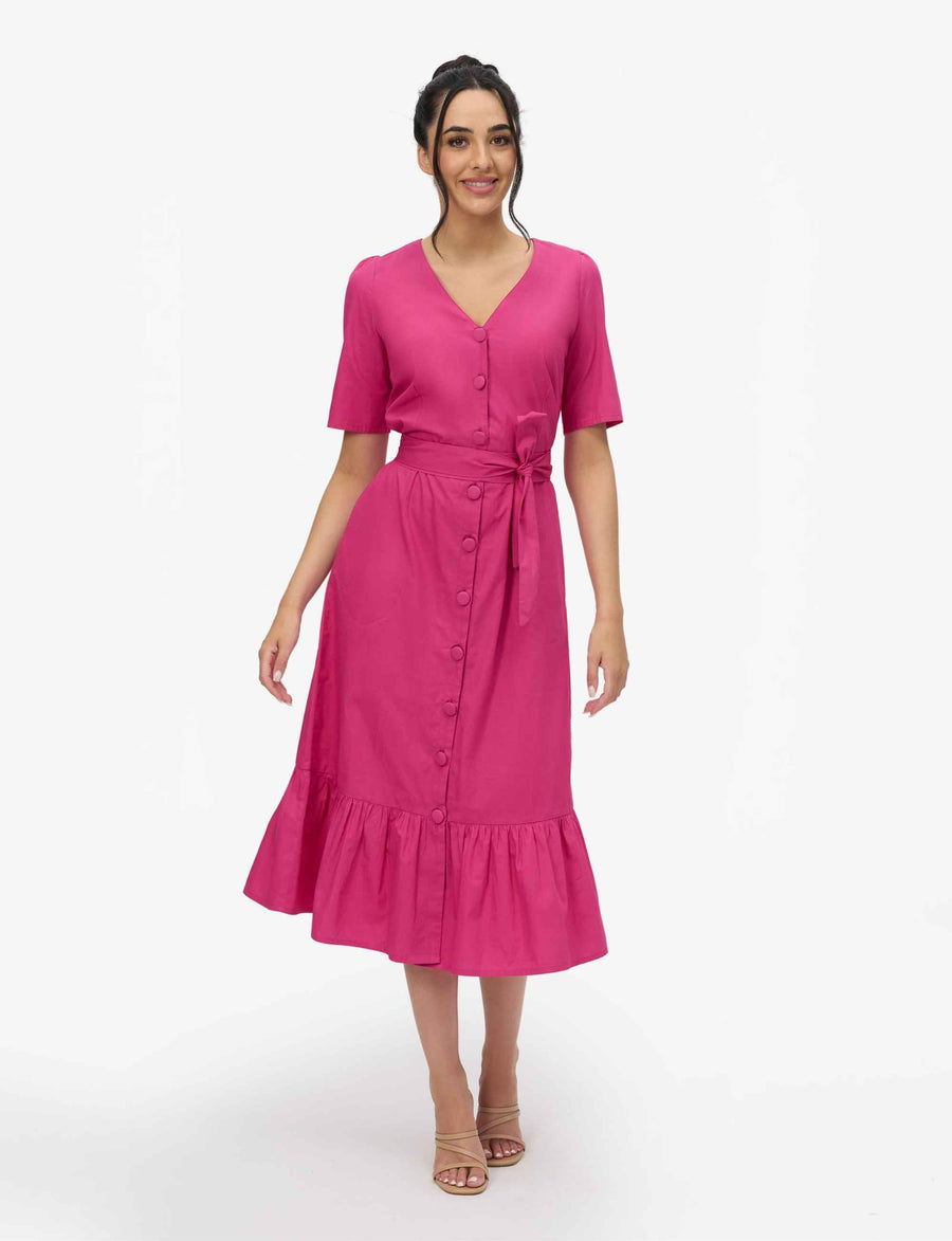 Jane 100% Cotton Midi Shirtdress in Pink