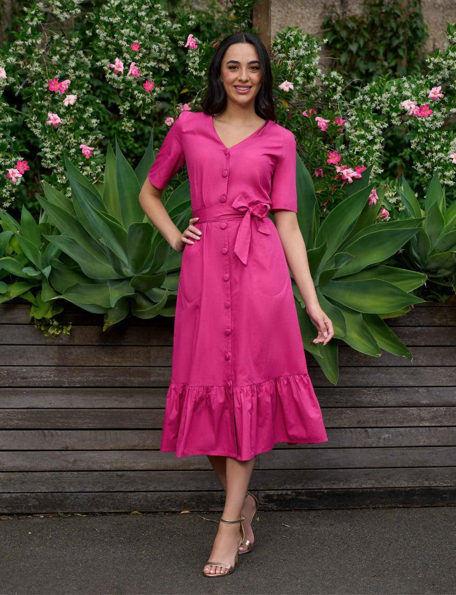 Jane 100% Cotton Midi Shirtdress in Pink