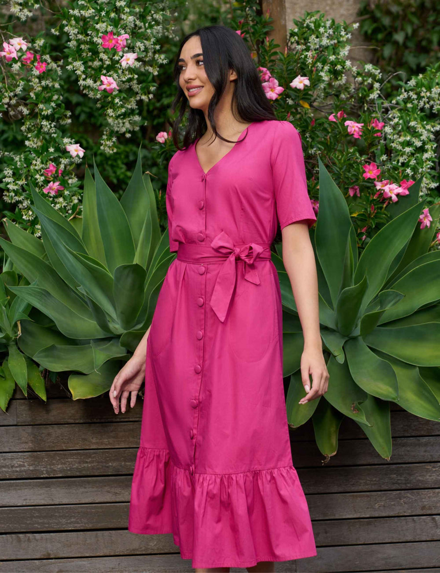 Jane 100% Cotton Midi Shirtdress in Pink