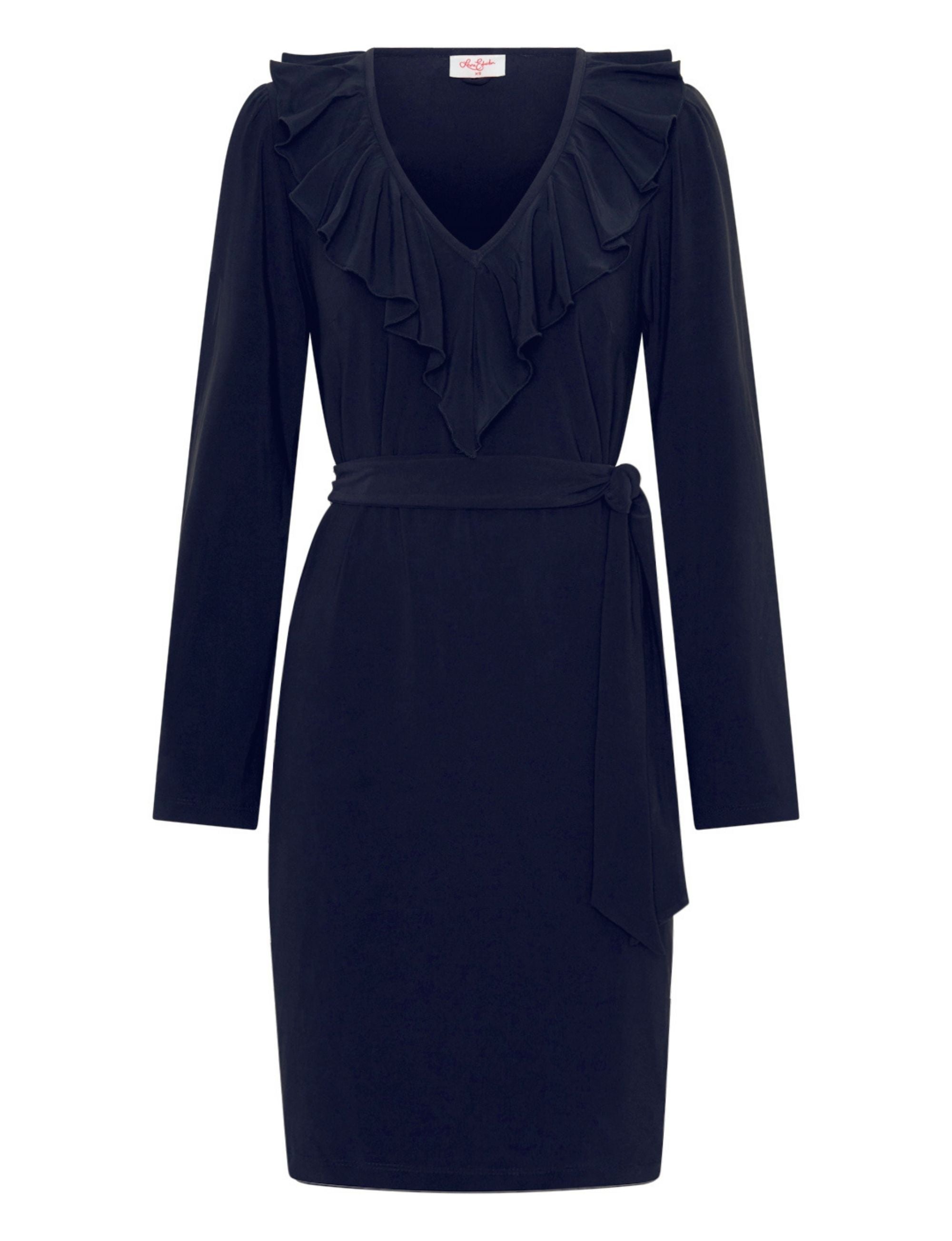Matilda V-Neck Ruffle Trim Jersey Shift Dress - Navy