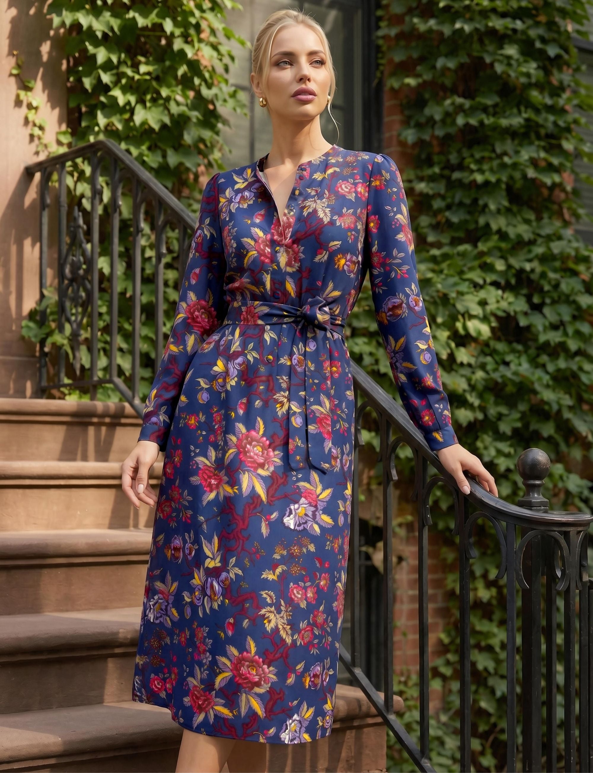 Fleur 'Pomegranate' Round Neck Long Sleeve Midi Dress