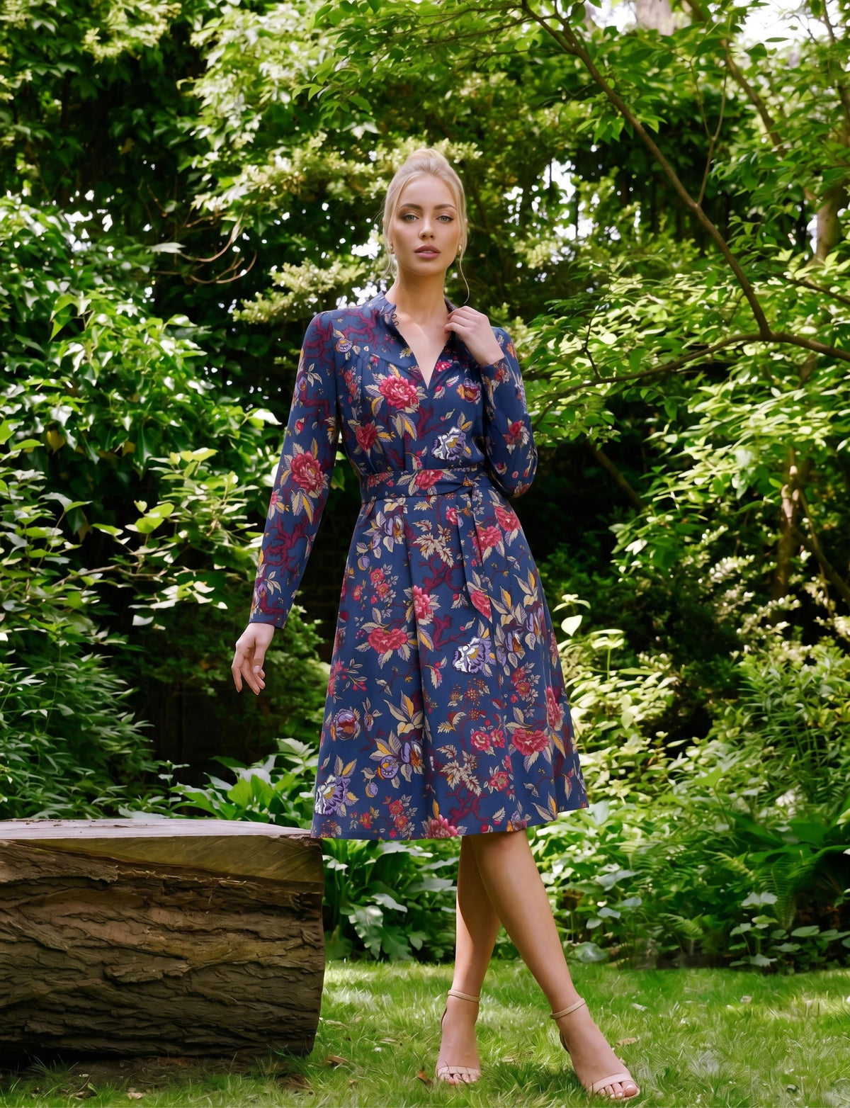 Marceline 'Pomegranate' Mock Neck Long Sleeve Knee-Length Dress