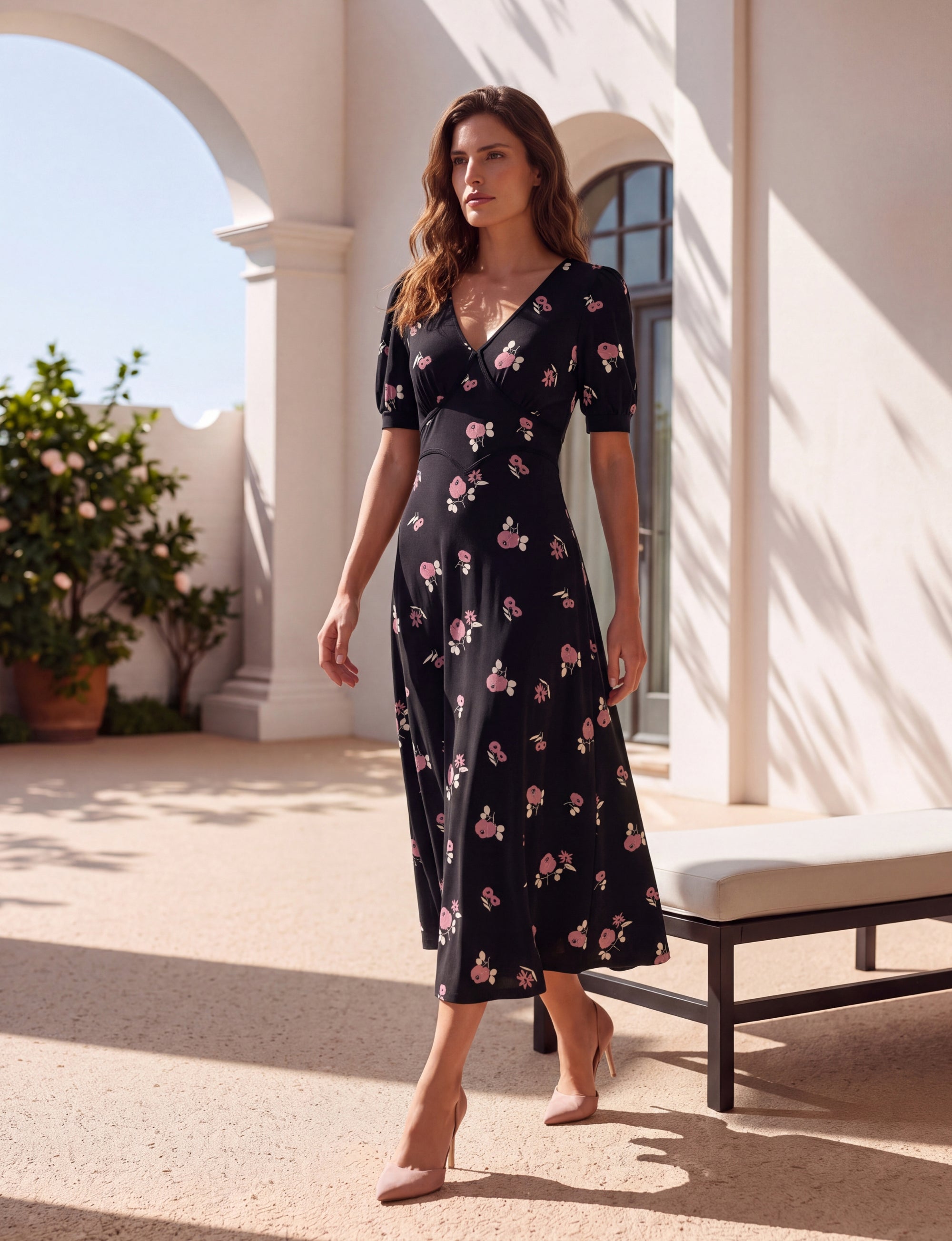 Christie 'Poppies & Friends' Empire Waist V-Neck Jersey Midi Dress