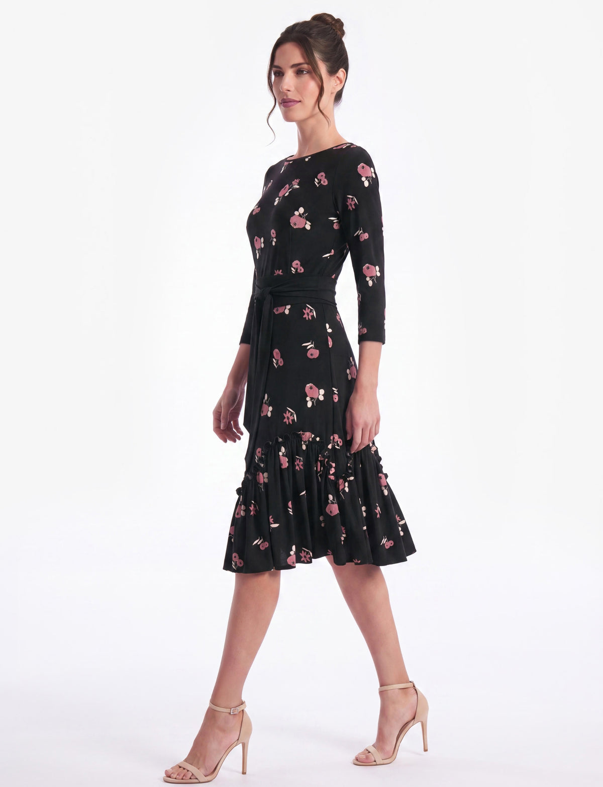 Lillika 'Poppies & Friends' 3/4 Sleeve Ruffle Jersey Midi Dress