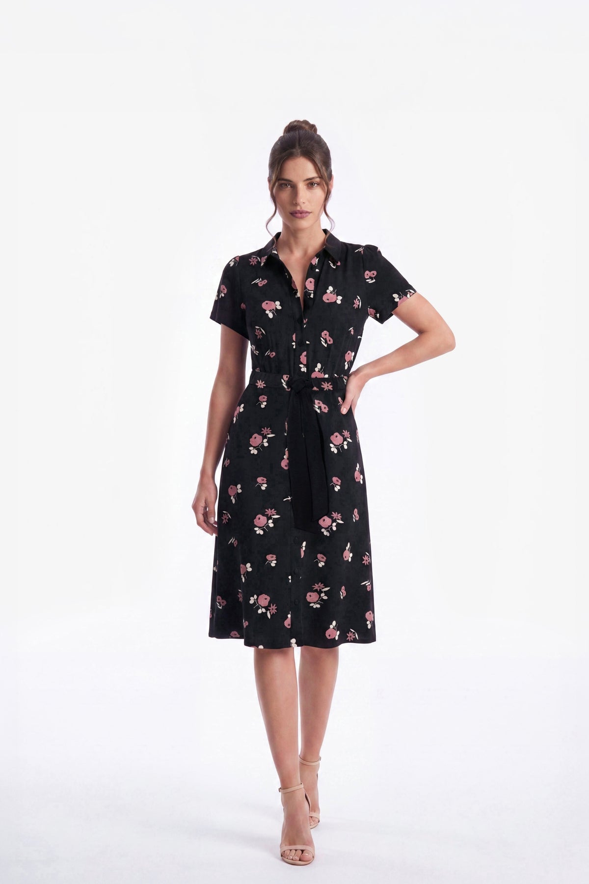 Miranda Short Sleeve Tie-Waist Shirt Dress ‘Poppies & Friends'