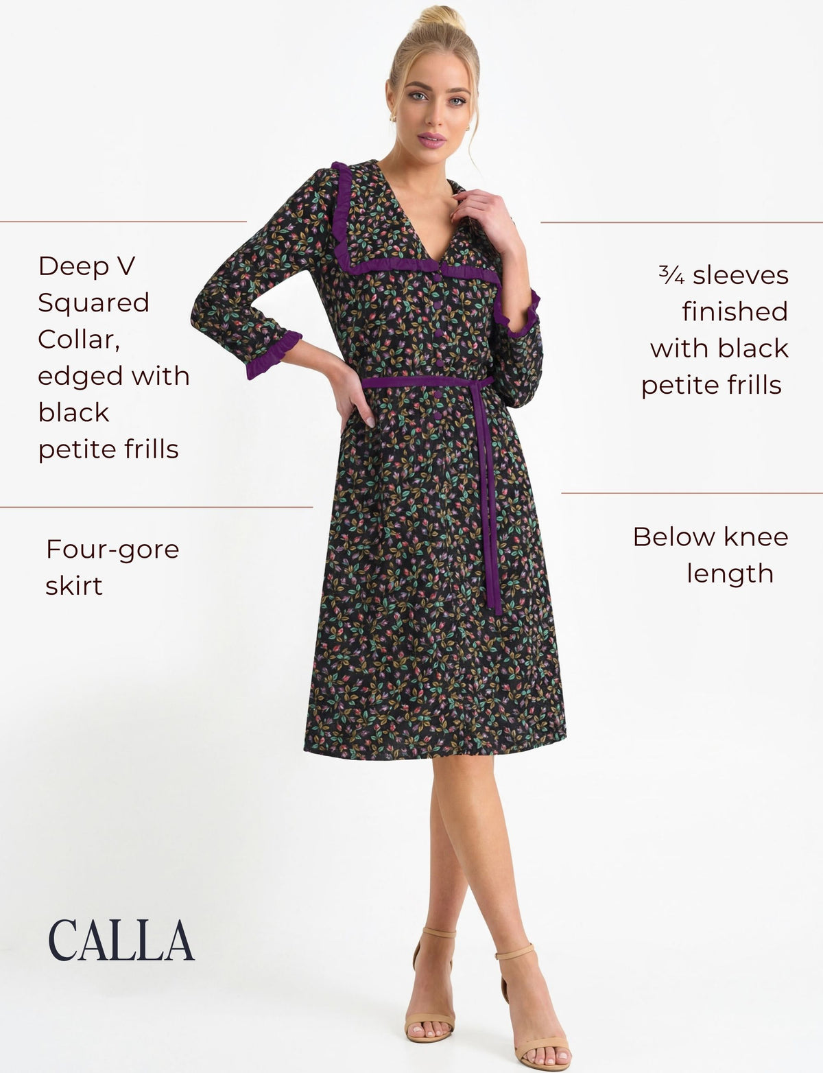 Calla 'Rose Bud' Ruffle Trim Knee-Length Dress