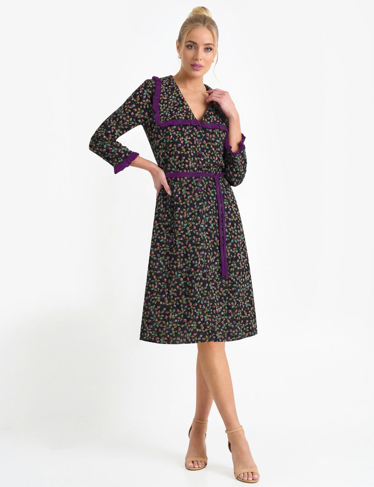 Calla 'Rose Bud' Ruffle Trim Knee-Length Dress