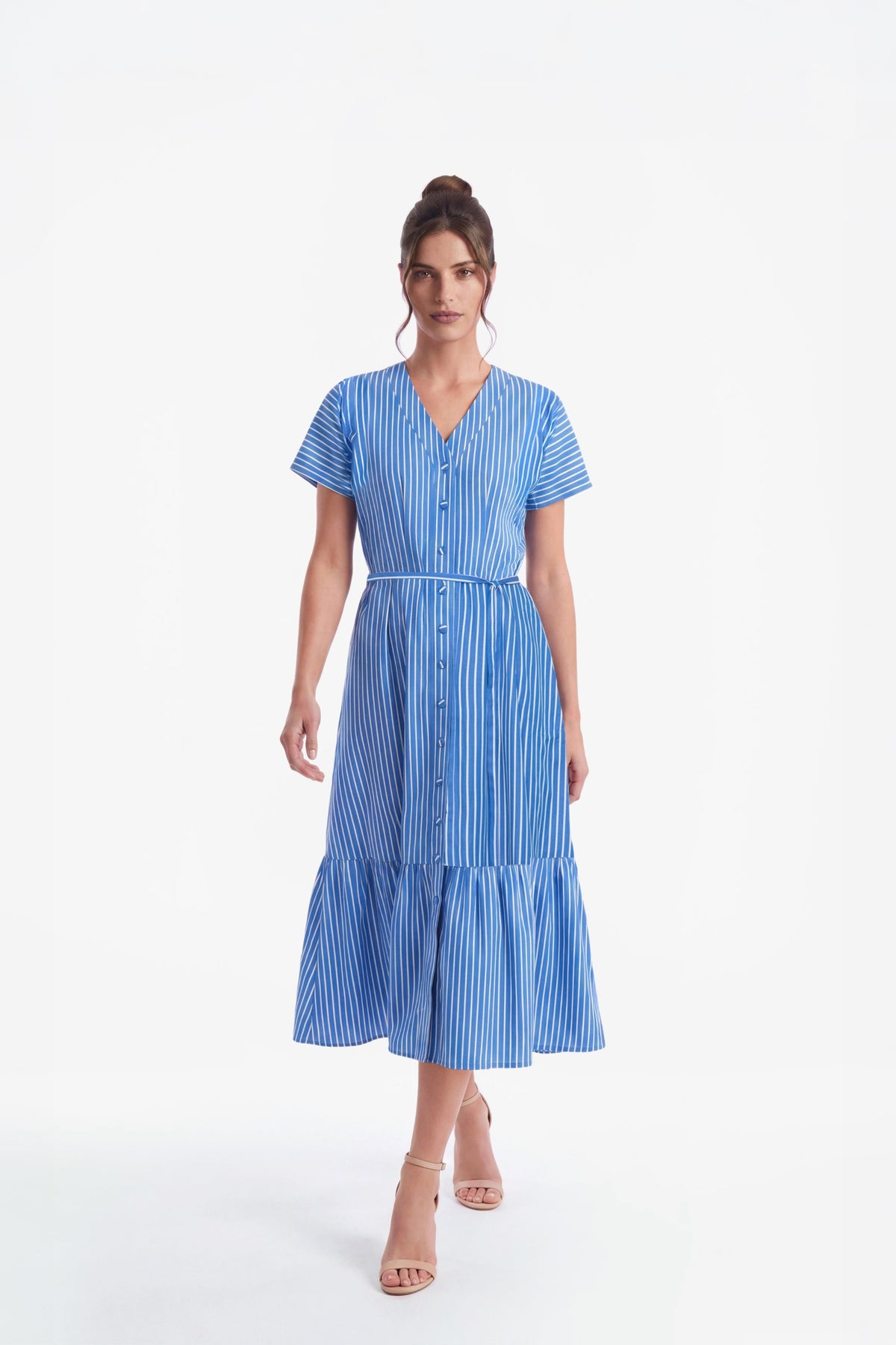 Candice V-Neck Button-Front Midi Dress - Blue Stripe