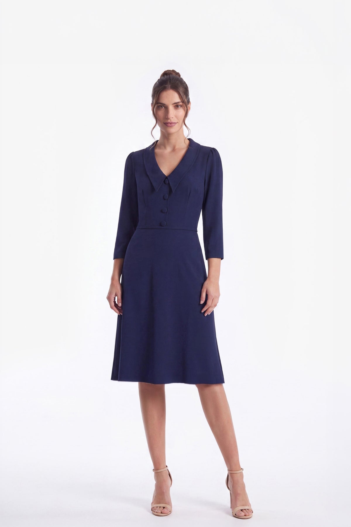Sofia 'Navy' Button Front Fit & Flare Dress with Collar