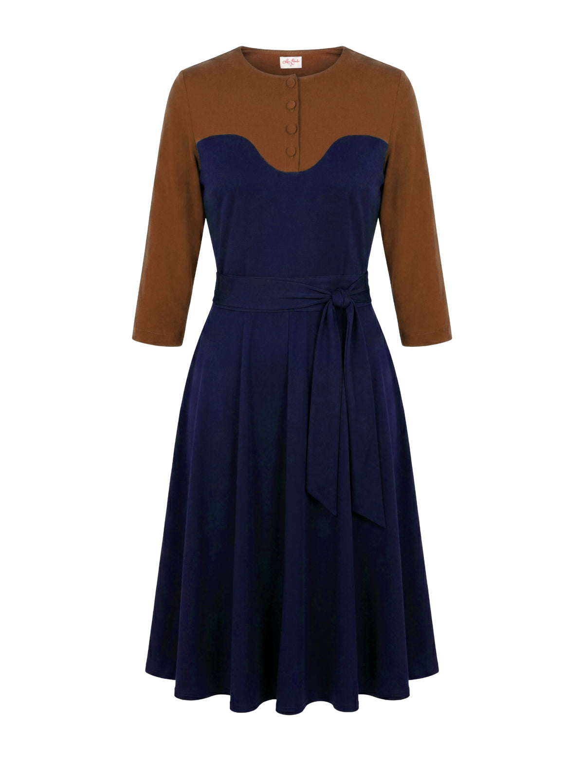 Alessandra Button Yoke Contrast A-Line Dress - Navy/Tan