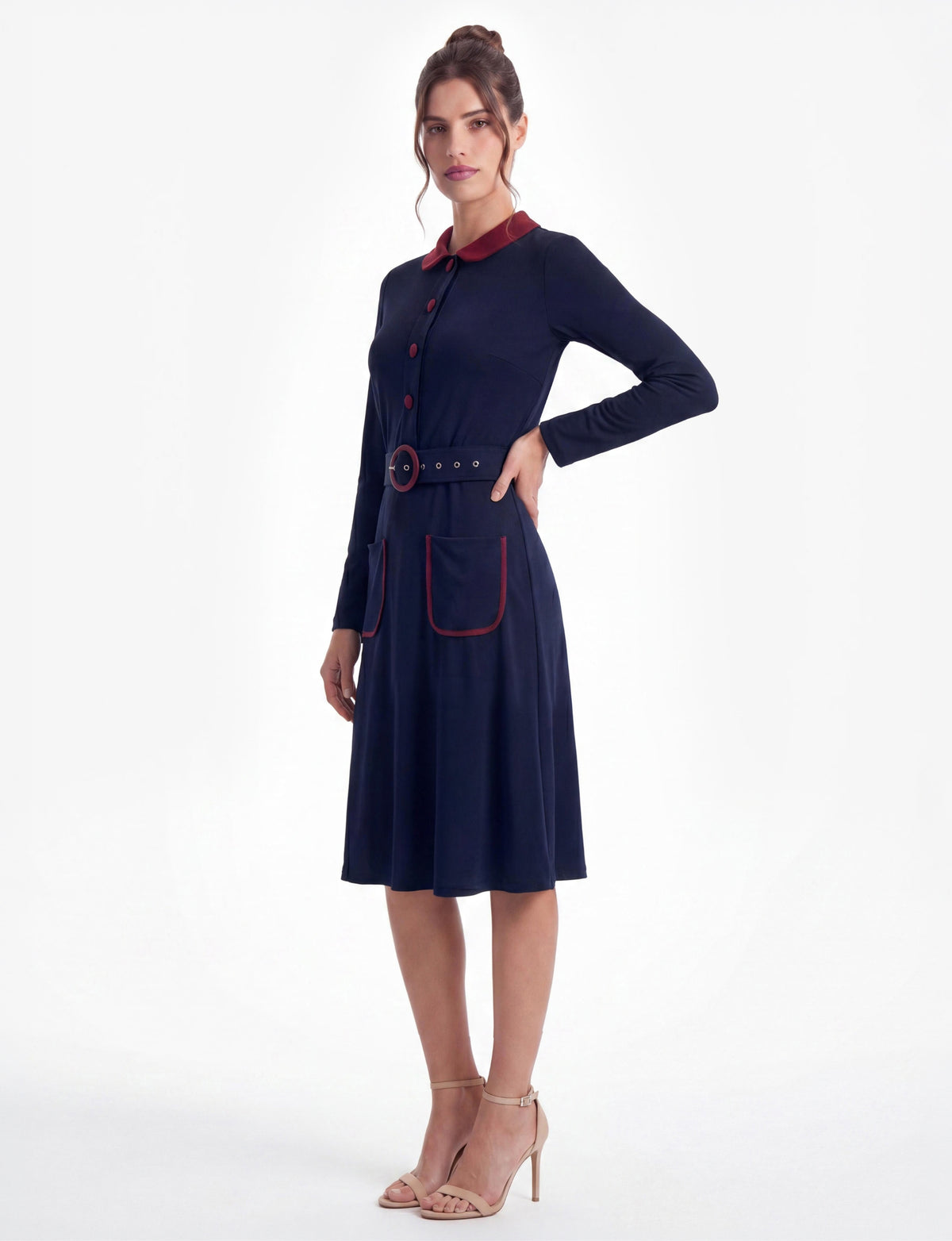 Colette Belted Contrast Shirtdress - Navy/Red