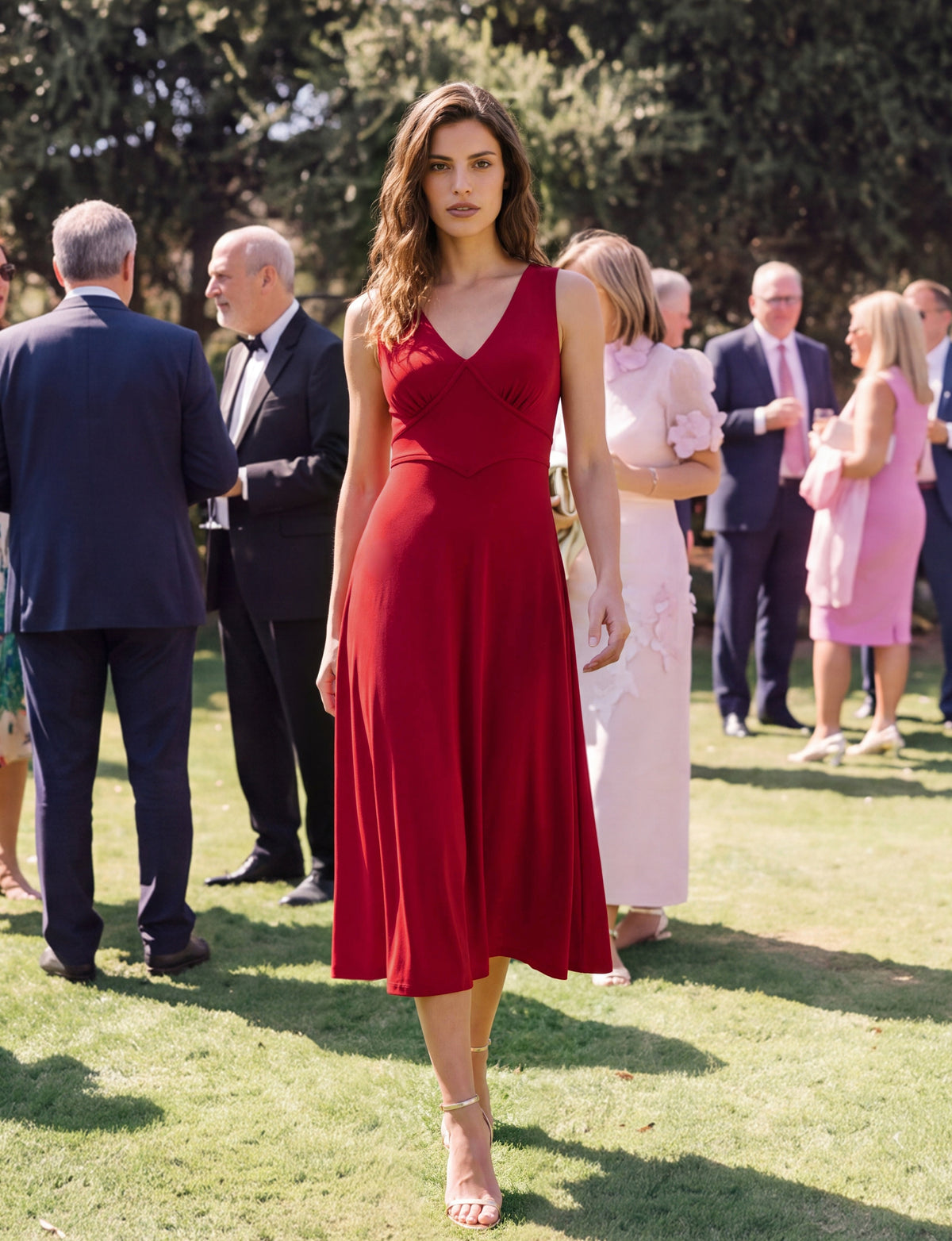 Teddy V-Neck Sleeveless Midi Dress - Red