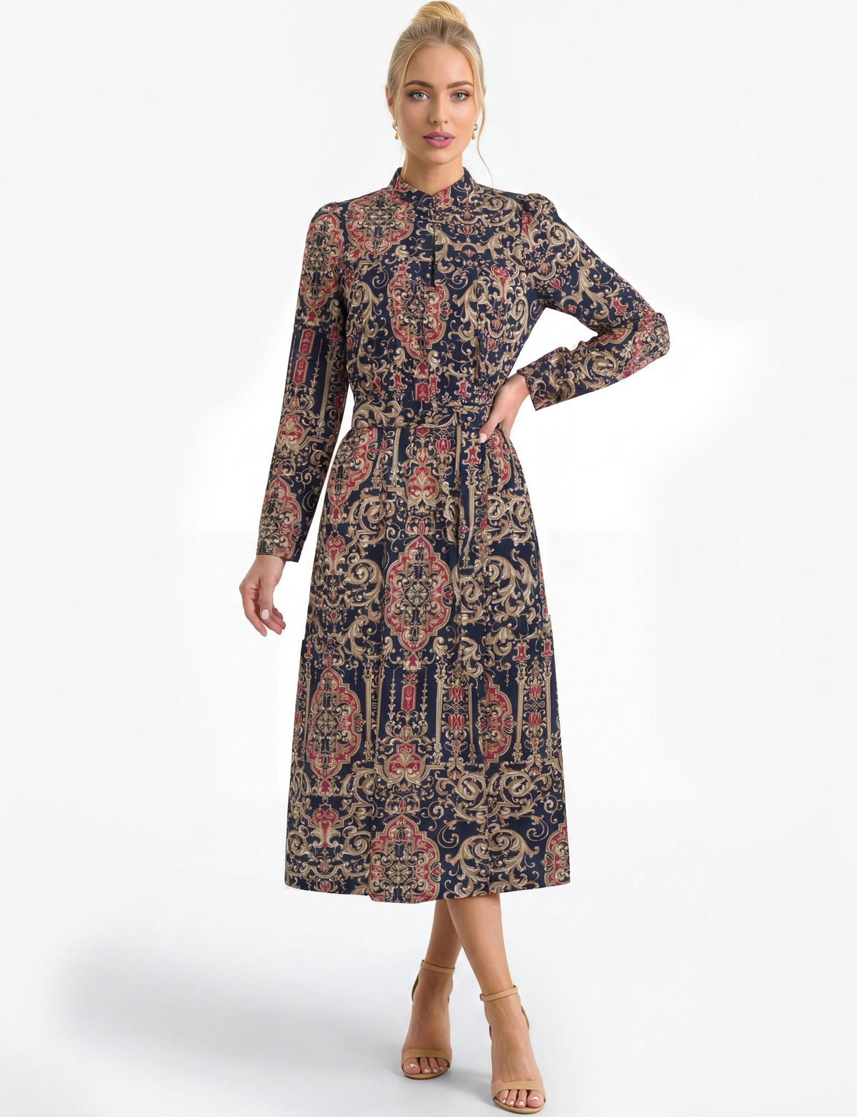 Antonia 'Venetian Affair' Mock Neck LS Midi Dress