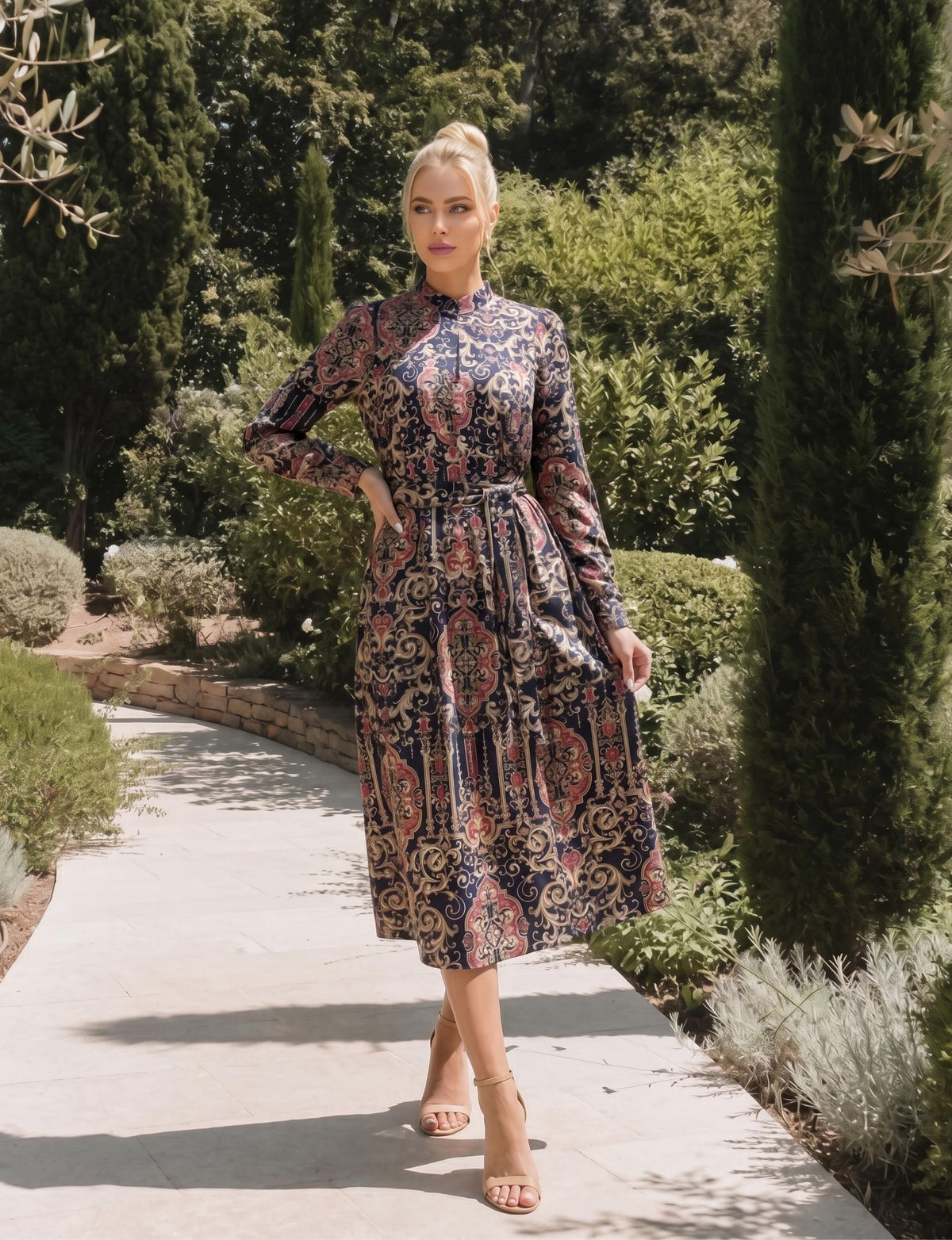 Antonia 'Venetian Affair' Mock Neck LS Midi Dress