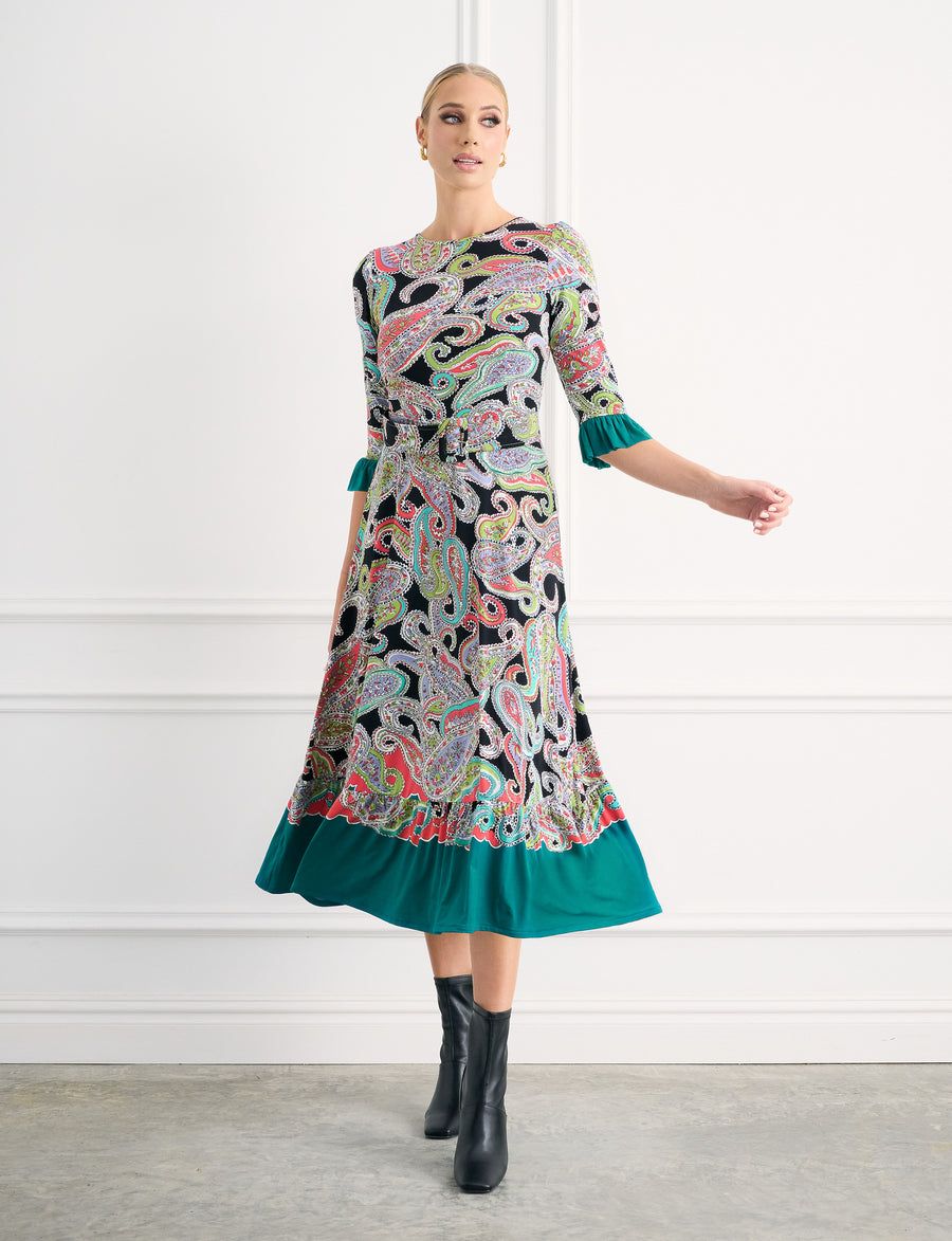 Gloria 'Paisley Park' Fit and Flare Ruffle Sleeve Midi Dress