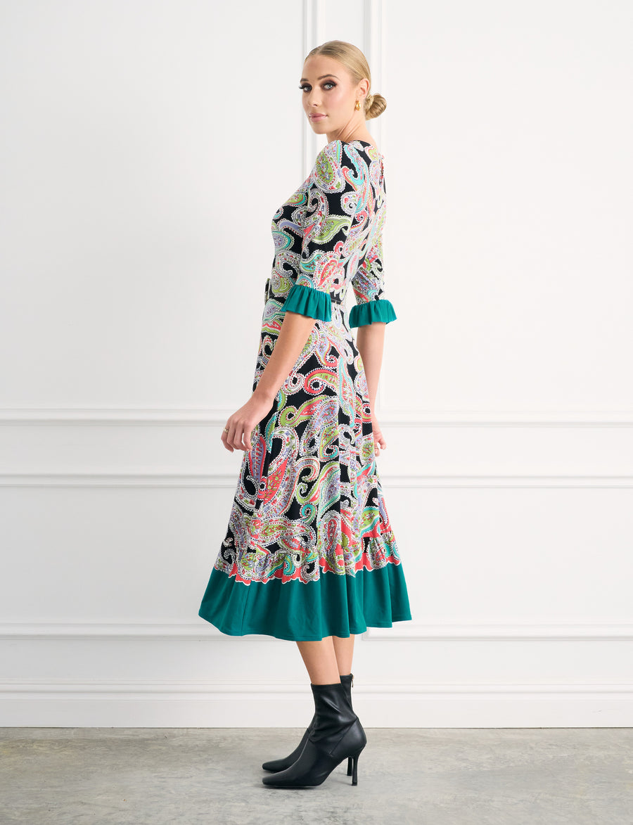 Gloria 'Paisley Park' Fit and Flare Ruffle Sleeve Midi Dress