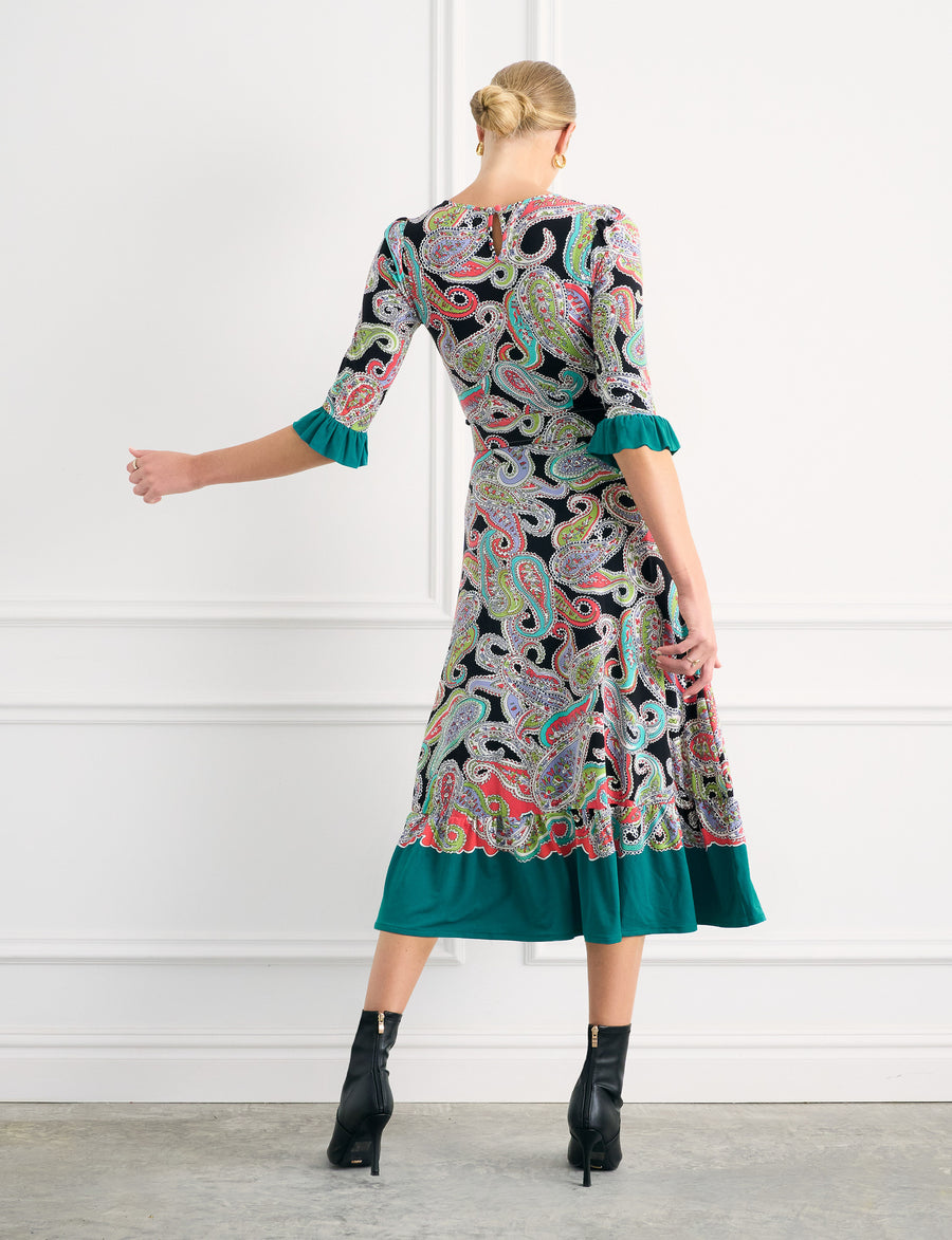 Gloria 'Paisley Park' Fit and Flare Ruffle Sleeve Midi Dress