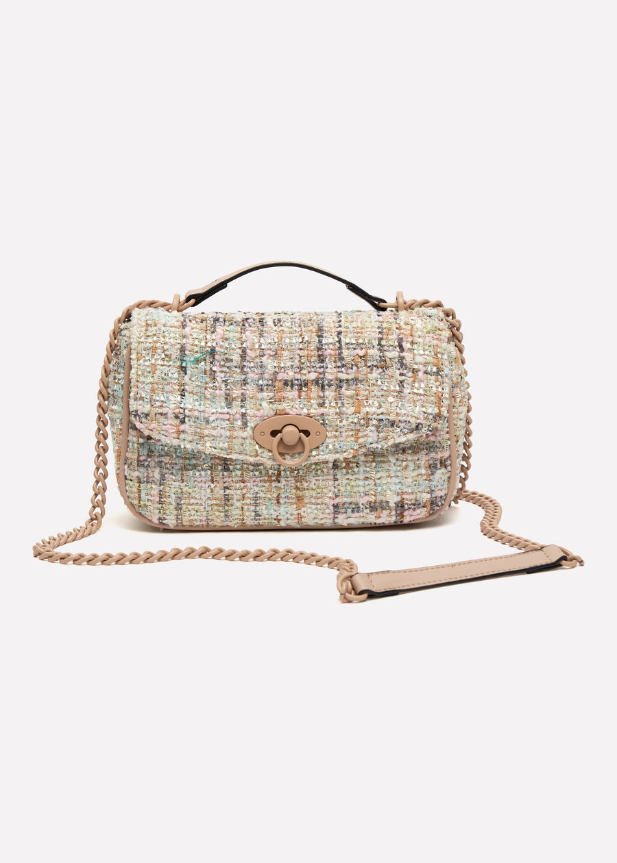 Bella Beige Boucle Flapover Crossbody Bag